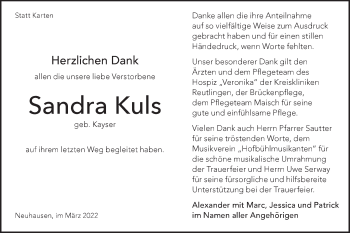 Traueranzeige von Sandra Kuls von Metzinger-Uracher Volksblatt