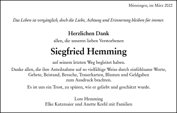 Traueranzeige von Siegfried Hemming von Alb-Bote/Metzinger-Uracher Volksblatt