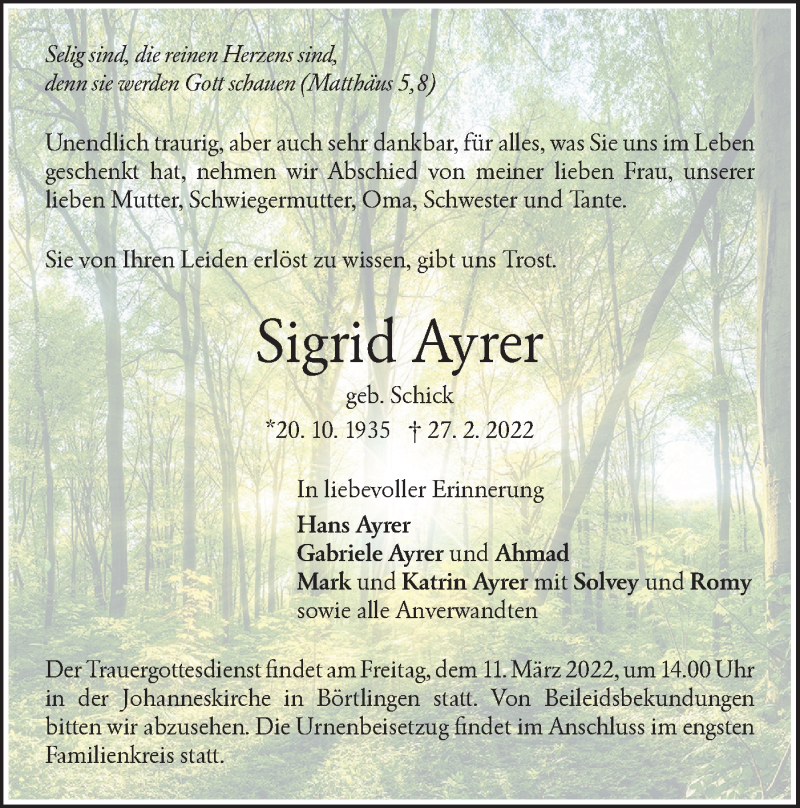  Traueranzeige für Sigrid Ayrer vom 09.03.2022 aus NWZ Neue Württembergische Zeitung