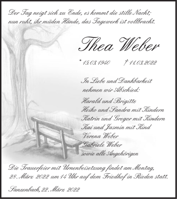 Traueranzeige von Thea Weber von Haller Tagblatt