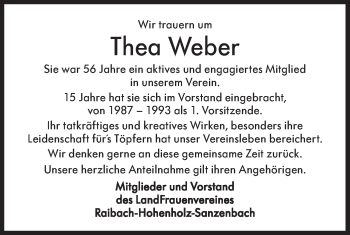 Traueranzeige von Thea Weber von Haller Tagblatt