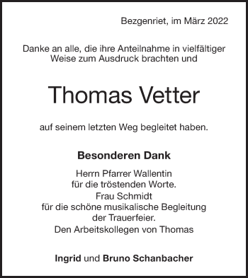 Traueranzeige von Thomas Vetter von NWZ Neue Württembergische Zeitung