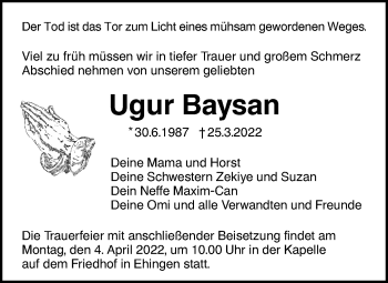 Traueranzeige von Ugur Baysan von Ehinger Tagblatt