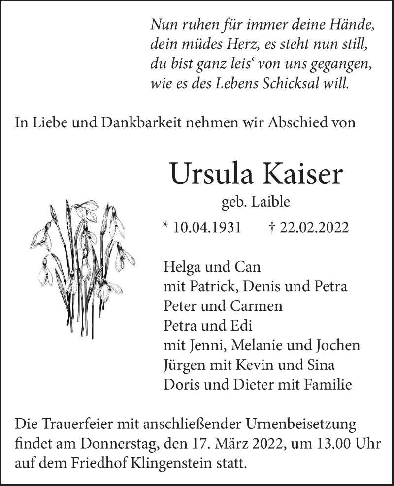 Traueranzeigen Von Ursula Kaiser Südwest Presse Trauer 