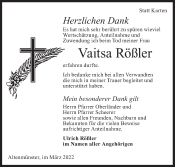 Traueranzeige von Vaitsa Rößler von Hohenloher Tagblatt