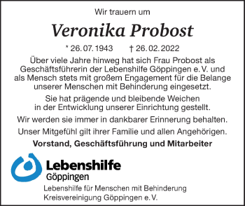 Traueranzeige von Veronika Probost von NWZ Neue Württembergische Zeitung/Geislinger Zeitung