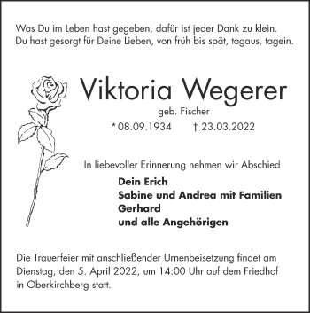 Traueranzeige von Viktoria Wegerer von SÜDWEST PRESSE Ausgabe Ulm/Neu-Ulm