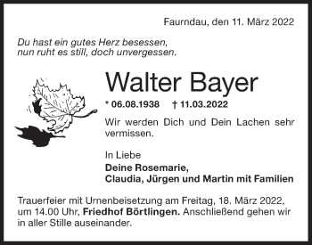 Traueranzeige von Walter Bayer von NWZ Neue Württembergische Zeitung