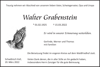 Traueranzeige von Walter Grabenstein von Haller Tagblatt