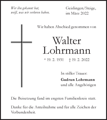 Traueranzeige von Walter Lohrmann von Geislinger Zeitung