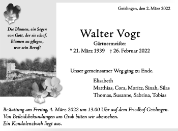 Traueranzeige von Walter Vogt von NWZ Neue Württembergische Zeitung/Geislinger Zeitung