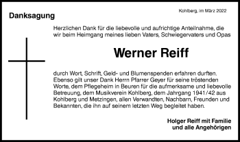 Traueranzeige von Werner Reiff von Metzinger-Uracher Volksblatt