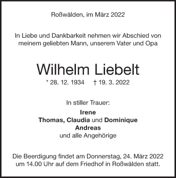 Traueranzeige von Wilhelm Liebelt von NWZ Neue Württembergische Zeitung