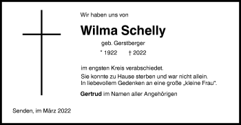 Traueranzeige von Wilma Schelly von SÜDWEST PRESSE Ausgabe Ulm/Neu-Ulm