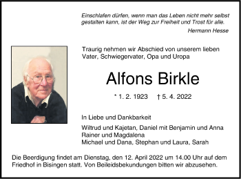 Traueranzeige von Alfons Birkle von Metzinger-Uracher Volksblatt