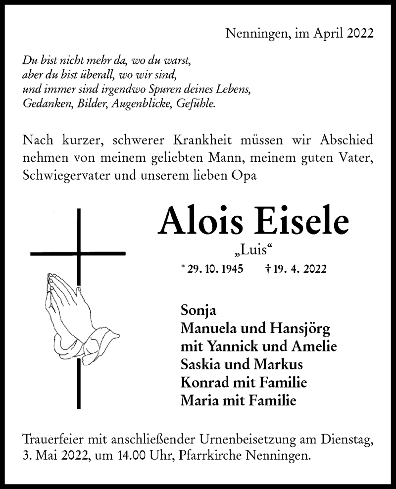  Traueranzeige für Alois Eisele vom 28.04.2022 aus NWZ Neue Württembergische Zeitung