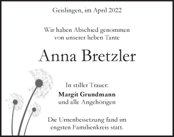 Traueranzeige von Anna Bretzler von Geislinger Zeitung