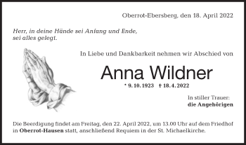 Traueranzeige von Anna Wildner von Rundschau Gaildorf