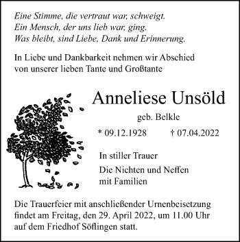 Traueranzeige von Anneliese Unsöld von SÜDWEST PRESSE Ausgabe Ulm/Neu-Ulm