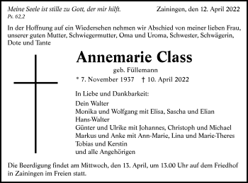 Traueranzeige von Annemarie Class von Alb-Bote/Metzinger-Uracher Volksblatt