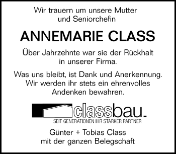 Traueranzeige von Annemarie Class von Alb-Bote/Metzinger-Uracher Volksblatt