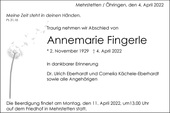 Traueranzeige von Annemarie Fingerle von Alb-Bote/Metzinger-Uracher Volksblatt