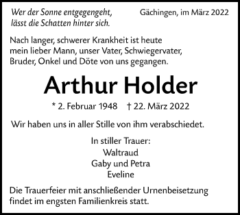 Traueranzeige von Arthur Holder von Alb-Bote/Metzinger-Uracher Volksblatt