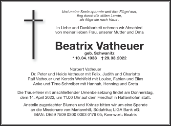 Traueranzeige von Beatrix Vatheuer von NWZ Neue Württembergische Zeitung