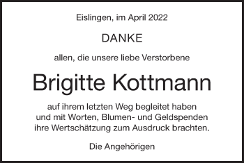 Traueranzeige von Brigitte Kottmann von NWZ Neue Württembergische Zeitung