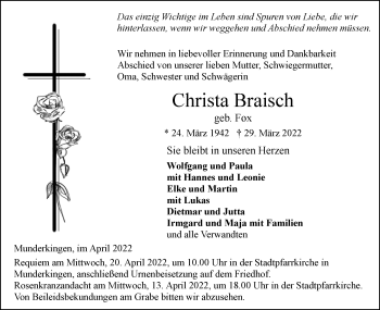 Traueranzeige von Christa Braisch von Ehinger Tagblatt