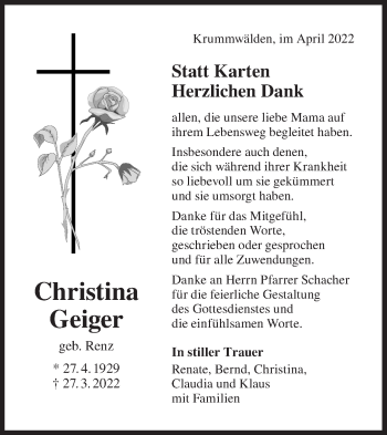 Traueranzeige von Christina Geiger von NWZ Neue Württembergische Zeitung