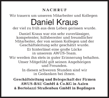 Traueranzeige von Daniel Kraus von Hohenloher Tagblatt