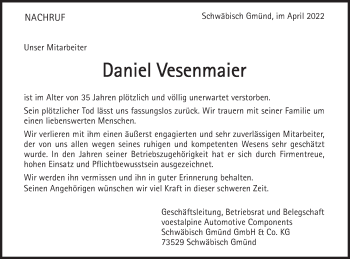 Traueranzeige von Daniel Vesenmaier von Geislinger Zeitung