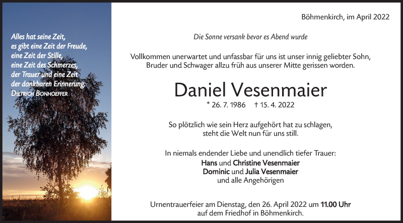  Traueranzeige für Daniel Vesenmaier vom 22.04.2022 aus Geislinger Zeitung