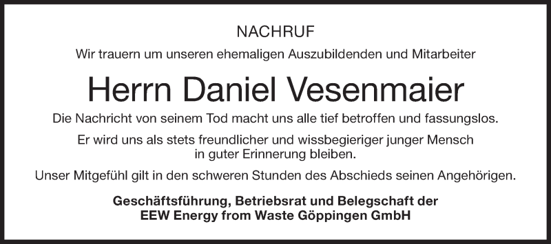  Traueranzeige für Daniel Vesenmaier vom 23.04.2022 aus NWZ Neue Württembergische Zeitung/Geislinger Zeitung