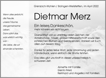 Traueranzeige von Dietmar Merz von Metzinger-Uracher Volksblatt