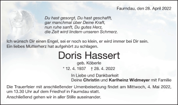 Traueranzeige von Doris Hassert von NWZ Neue Württembergische Zeitung