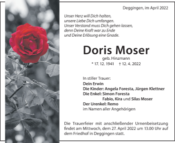 Traueranzeige von Doris Moser von Geislinger Zeitung