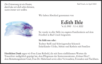 Traueranzeige von Edith Ihle von Metzinger-Uracher Volksblatt