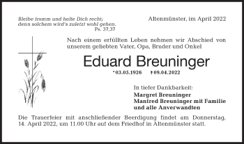 Traueranzeige von Eduard Breuninger von Hohenloher Tagblatt