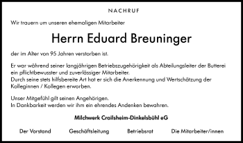 Traueranzeige von Eduard Breuninger von Hohenloher Tagblatt