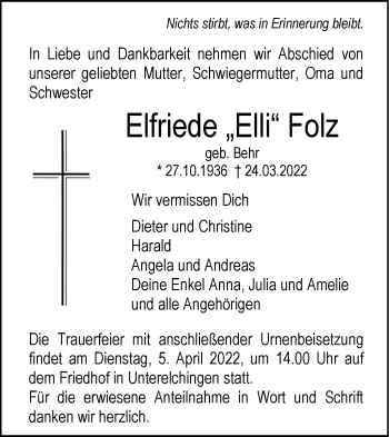 Traueranzeige von Elfriede Folz von SÜDWEST PRESSE Ausgabe Ulm/Neu-Ulm