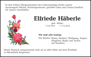 Traueranzeige von Elfriede Häberle von Haller Tagblatt