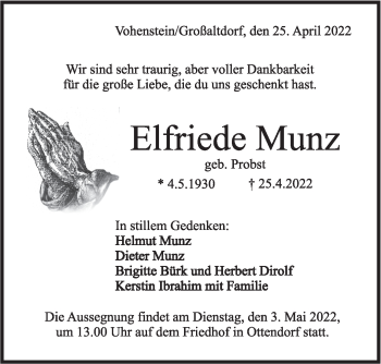 Traueranzeige von Elfriede Munz von Rundschau Gaildorf