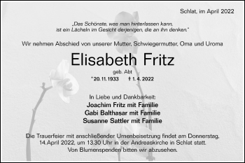 Traueranzeige von Elisabeth Fritz von NWZ Neue Württembergische Zeitung