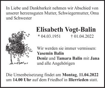 Traueranzeige von Elisabeth Vogt-Balin von SÜDWEST PRESSE Ausgabe Ulm/Neu-Ulm