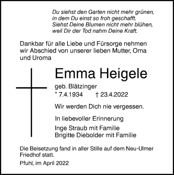 Traueranzeige von Emma Heigele von SÜDWEST PRESSE Ausgabe Ulm/Neu-Ulm