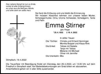 Traueranzeige von Emma Stirner von Hohenloher Tagblatt