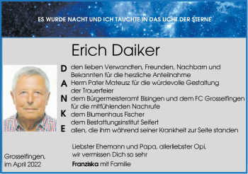 Traueranzeige von Erich Daiker von Metzinger-Uracher Volksblatt