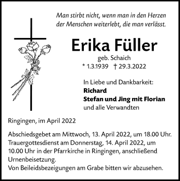 Traueranzeige von Erika Füller von Ehinger Tagblatt